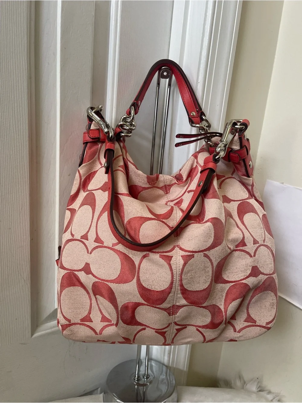 Coach Red Signature Canvas Shoulder Bag with Leather Trim